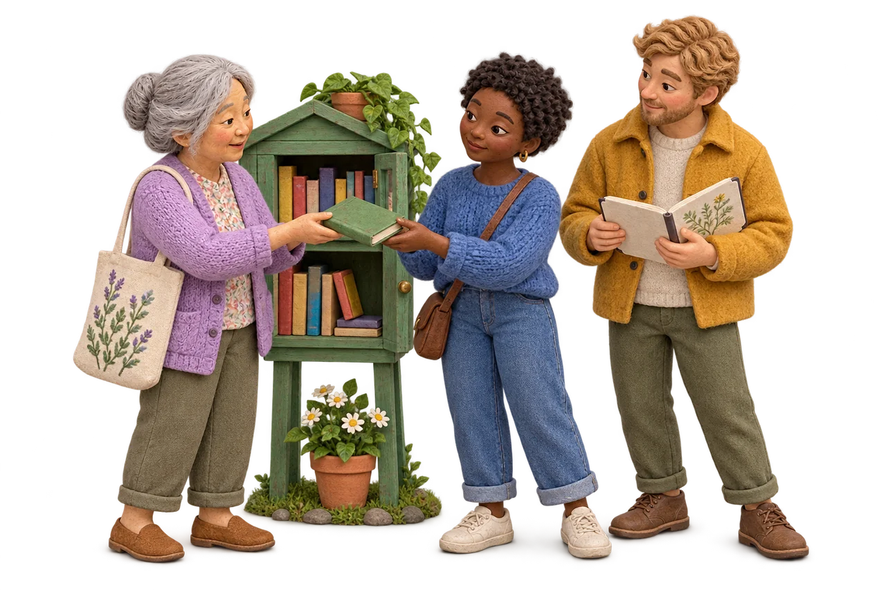 Three miniature adults sharing books and discovering something to talk about.