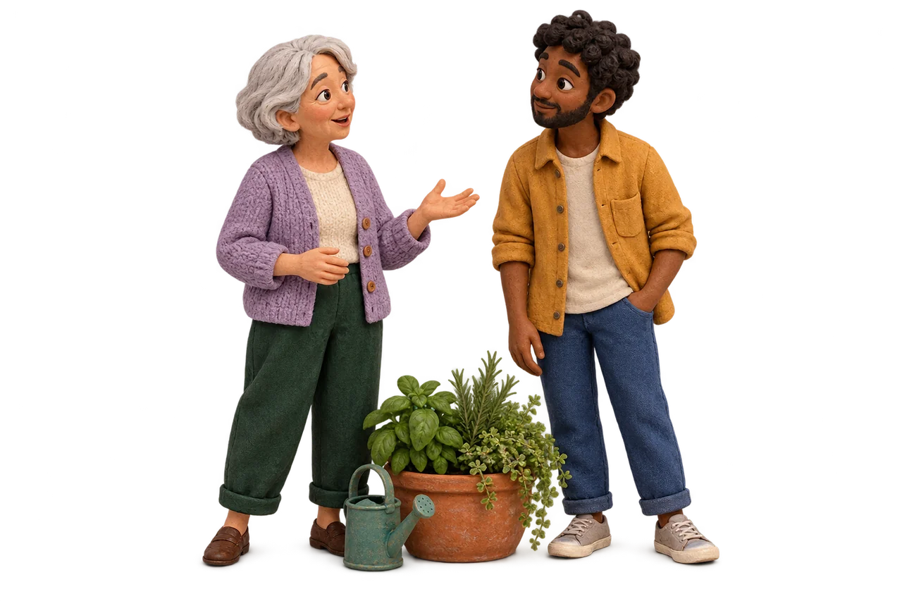 Two miniature adults pause beside a planter and give each other their attention.