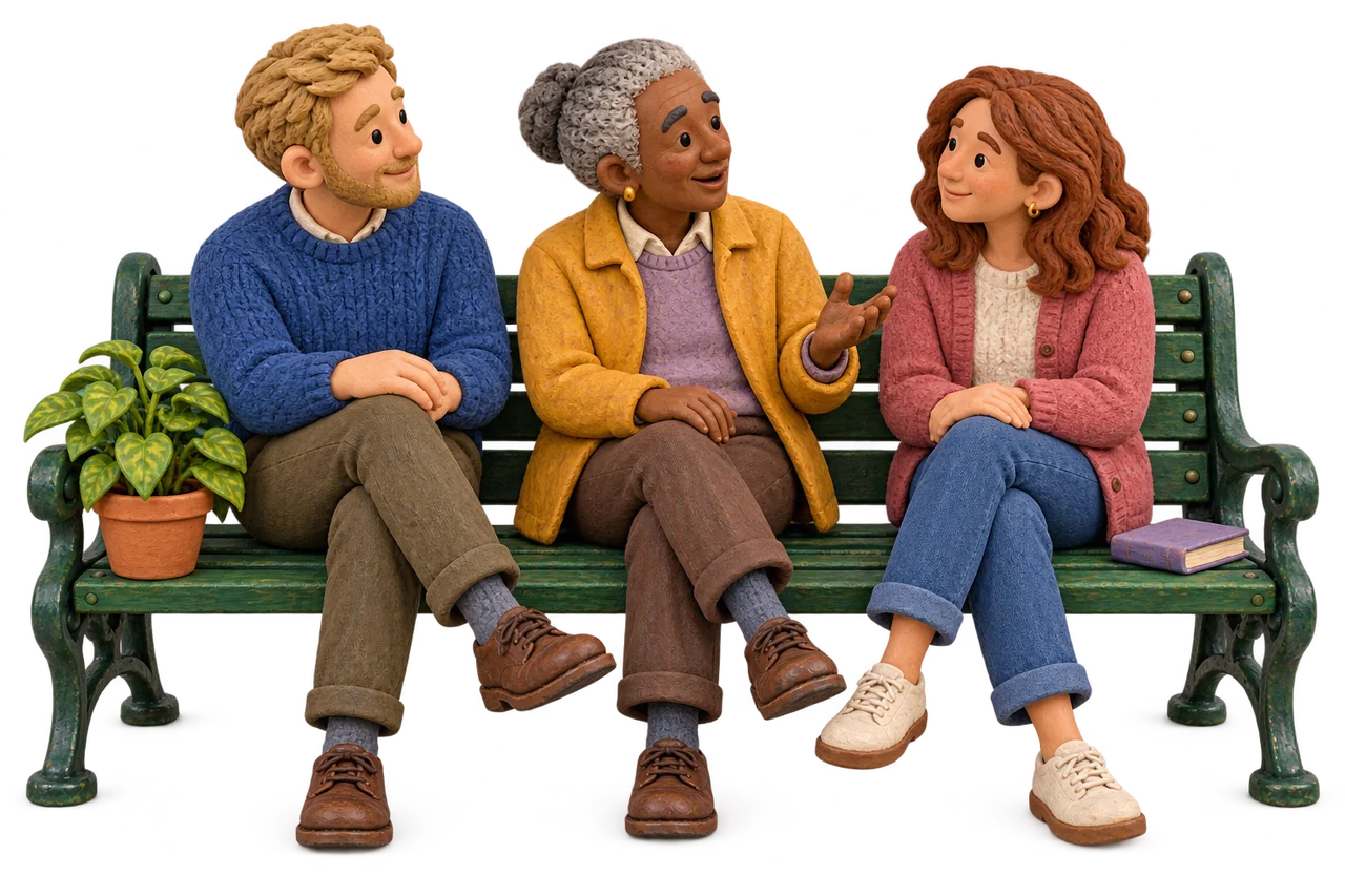 Three miniature adults of different ages and appearances listening together on a park bench.