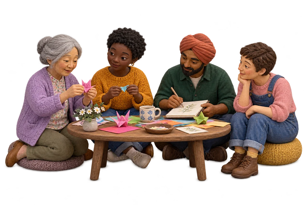Four miniature adults of different ages sharing paper folding and drawing.