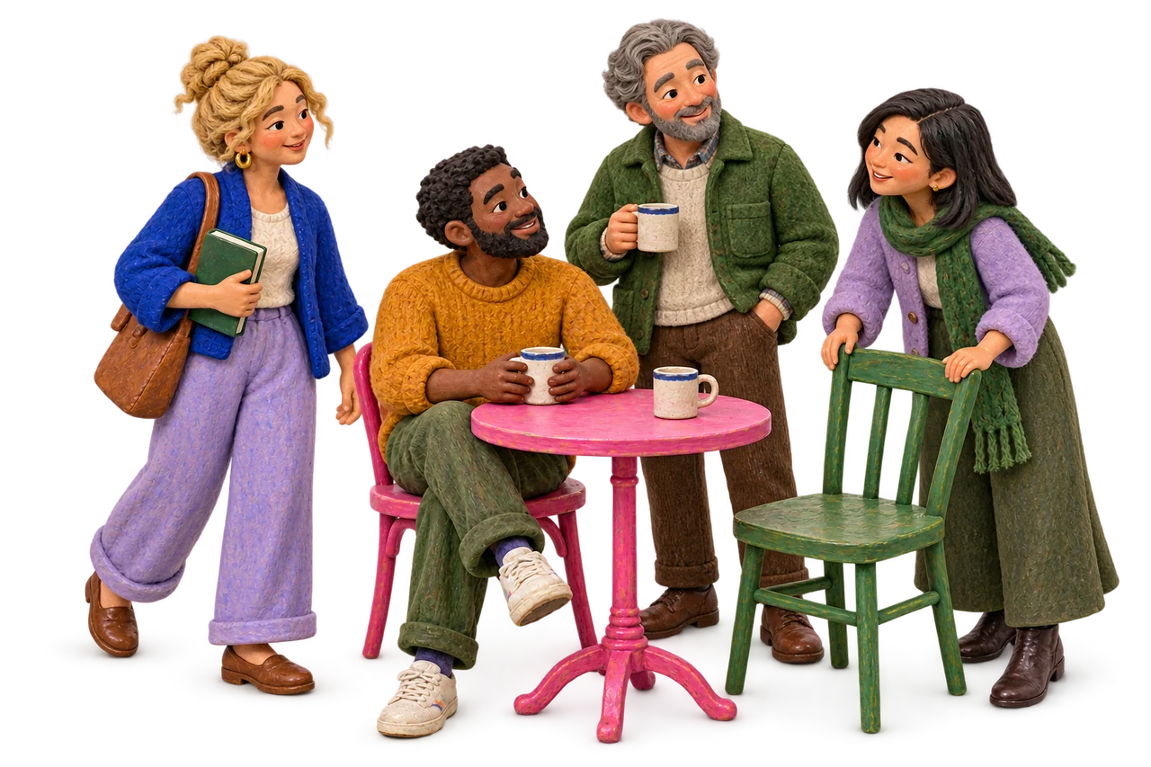Four miniature adults of different ages and appearances, with an empty chair inviting someone to join.