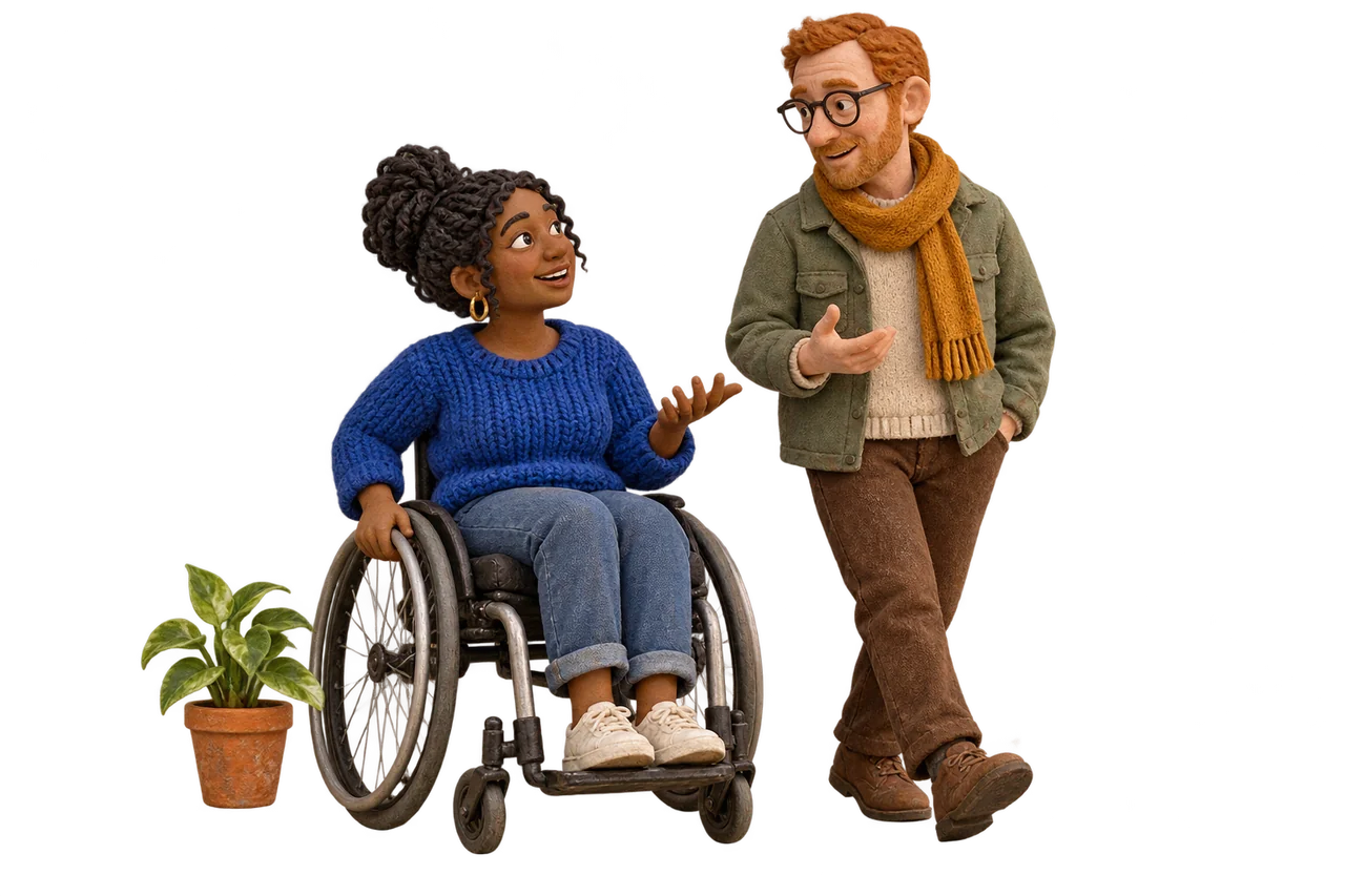 Two miniature adults, one using a wheelchair and one walking, sharing part of their day.
